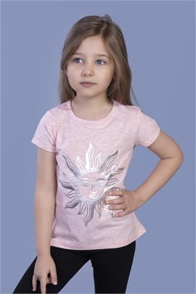 Kız Çocuk Güneş Varaklı Tişört Pembe Melanj 6 YAŞ