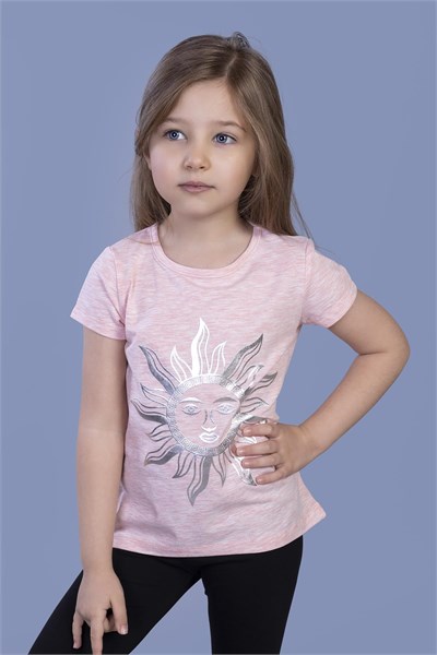 Kız Çocuk Güneş Varaklı Tişört Pembe Melanj 6 YAŞ