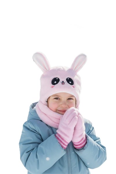 Kız Çocuk Kulaklı Bere Boyunluk Takım – Sevimli Tavşan Desenli Polar Kışlık Şapka & Atkı, 3-9 Yaş