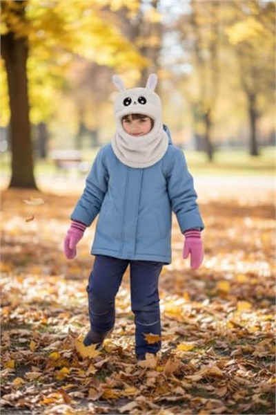 Kız Çocuk Kulaklı Bere Boyunluk Takım – Sevimli Tavşan Desenli Polar Kışlık Şapka & Atkı, 3-9 Yaş Beyaz