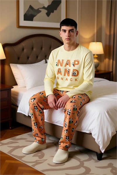 Kız Çocuk Panda Baskılı Bisiklet Yaka Uzun Kollu Pijama Takımı Fonksiyonel Dayanıklı Rahat - Bedenler: M, L, XL, S