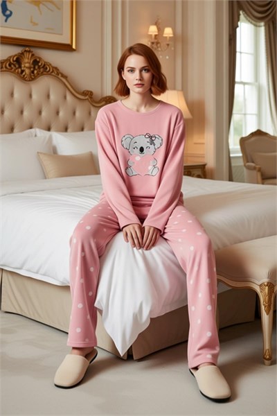 Kız Çocuk Puantiyeli Polar Pijama Sevimli Koala Baskılı Fonksiyonel Dayanıklı Kaliteli Şık - Bedenler: S, M, L
