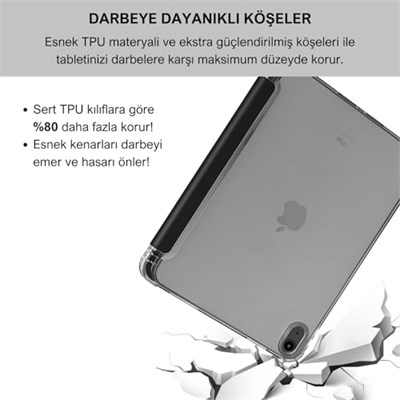 Klasse Apple iPad Air 5 / Air 4 10.9 inç Uyumlu Smart Kılıf, Apple Pencil Kalemlikli, Trifold, Esnek, Mat, Darbeye Tam Dayanıklı Tablet Kılıfı (Siyah)