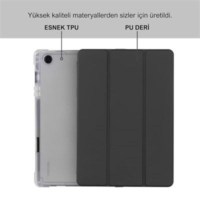 Klasse Samsung Galaxy Tab A9+ Plus 11 inç Uyumlu Smart Kılıf, S Pen Kalemlikli, Trifold, Esnek, Mat, Darbeye Tam Dayanıklı Tablet Kılıfı (Siyah)