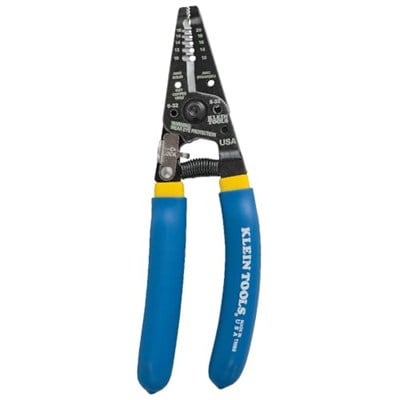 Klein Tools 11055 Klein Tools Kavisli Kablo Sıyırma Pensesi/Tel Kesici, Sarı Şeritli Mavi, 10-20 ga., 10-18 AWG Masif, 12-20 AWG, Kıvrılmış