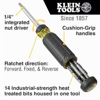 Klein Tools 32305 çok uçlu cırcırlı tornavida, 15i 1 arada alet, yıldız, düz, dört köşeli, Torx ve kombi uçlar ve 1/4 inç lokma anahtar