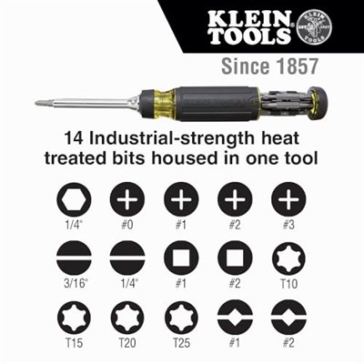 Klein Tools 32305 çok uçlu cırcırlı tornavida, 15i 1 arada alet, yıldız, düz, dört köşeli, Torx ve kombi uçlar ve 1/4 inç lokma anahtar