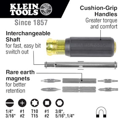 Klein Tools 32500MAG manyetik çok amaçlı tornavida/lokma anahtar, 11i 1 arada çok amaçlı alet, 8 uç, 3 lokma anahtar boyutu, dolgulu sap