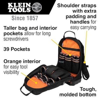 Klein Tools 55421BP-14 Alet Sırt Çantası, Ağır Hizmet Tipi Tradesman Pro Alet Çantası Düzenleyici, 39 Cepli, Kalıplanmış Taban