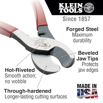 Klein Tools Journeyman J63050 kablo kesici, alüminyum, bakır ve iletişim kablosunu keser, makas çeneli, küçük