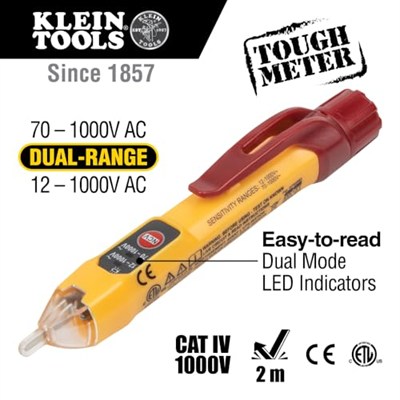 KLEIN TOOLS Temassız gerilim kontrol cihazı, iki ölçüm aralığı, 12-1000 V AC, kırmızı