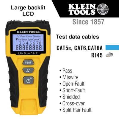 Klein Tools VDV526-200 Kablo Test Cihazı, LAN Scout Jr. 2 Ethernet Kablosu Test Cihazı, CAT 5e, RJ45 Bağlantılı CAT 6/6A Kablolar