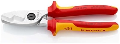 Knipex kablo makası, çift kesici kenarlı, krom kaplamalı, çok bileşenli manşonlarla izole edilmiş, VDE onaylı 200 mm 95 16 200