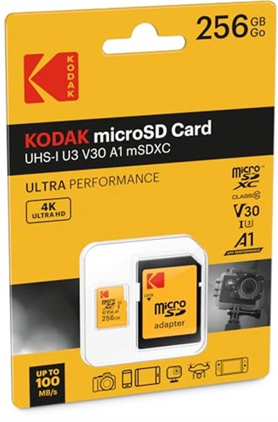 Kodak Ultra microSD hafıza kartı 256 GB, UHS-I U3 V30 A1, 95 MB/sye kadar okuma hızı ve 85 MB/sye kadar yazma hızı, SD adaptörü dahil