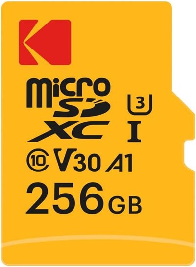 Kodak Ultra microSD hafıza kartı 256 GB, UHS-I U3 V30 A1, 95 MB/sye kadar okuma hızı ve 85 MB/sye kadar yazma hızı, SD adaptörü dahil