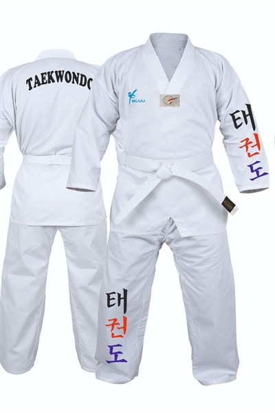 Korece Baskılı Beyaz Yaka Acemi Taekwondo Elbisesi Dobok Tekvando Elbisesi