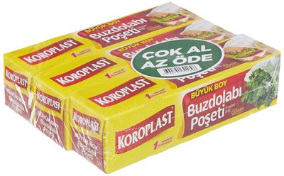Koroplast 3lü Çok Al Az Öde Ekonomik Paket Büyük Boy 60lı Buzdolabı Poşeti, Sızdırmaz & BPA İçermez Gıda Saklama Torbası, Et, Tavuk, Balık, Sebze, Meyve, Çorba, Sos, Peynir, Kuruyemiş, Sandviç
