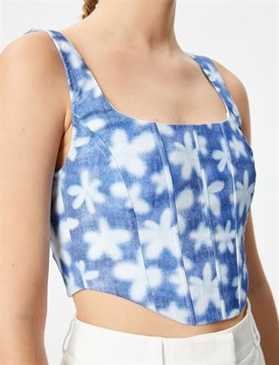Korse Büstiyer Crop Askılı Çiçekli Kare Yaka