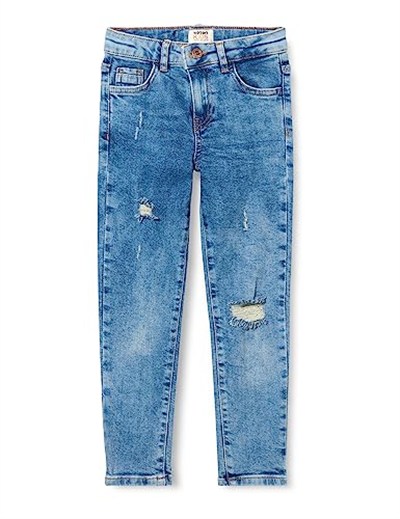 Kot Pantolon Yıpratılmış Detaylı Pamuklu Cepli - Slim Jean Beli Ayarlanabilir Lastikli
