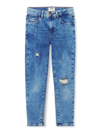 Kot Pantolon Yıpratılmış Detaylı Pamuklu Cepli - Slim Jean Beli Ayarlanabilir Lastikli