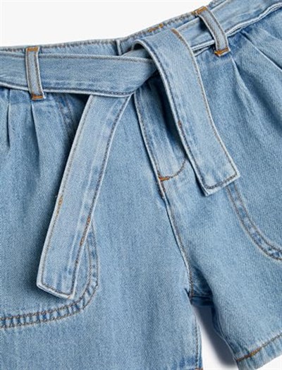 Kot Şort Kuşak Detaylı Cepli Pamuklu Beli Lastikli