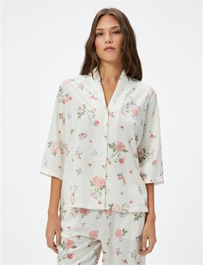 Koton Çiçekli Düğmeli Pijama Üstü Yarım Kollu
