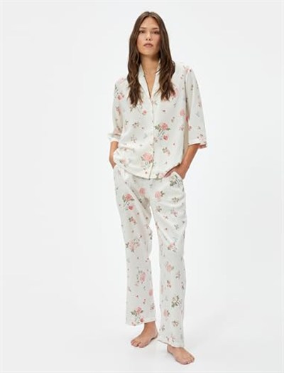 Koton Çiçekli Düğmeli Pijama Üstü Yarım Kollu