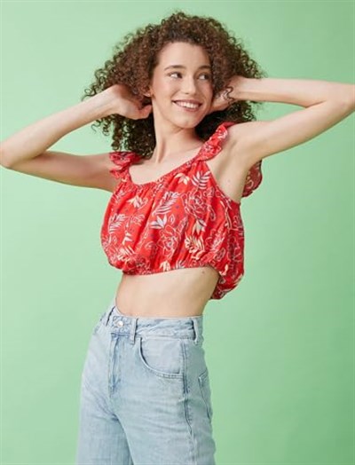 Koton Crop Bluz Desenli Fırfırlı
