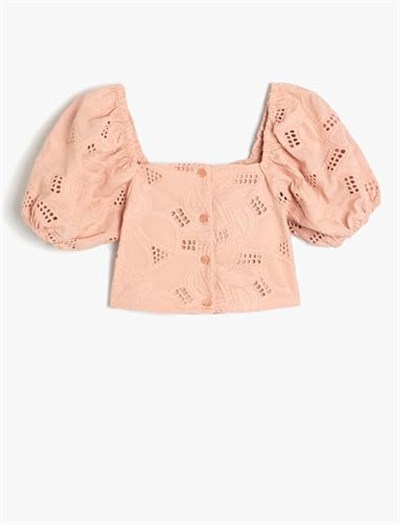 Koton Crop Bluz Düğme Kapamalı Fisto Detaylı Balon Kollu