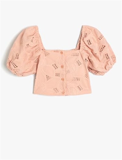Koton Crop Bluz Düğme Kapamalı Fisto Detaylı Balon Kollu