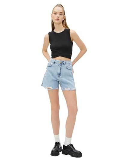 Koton Crop Fitilli Atlet Bisiklet Yaka Bel Detaylı Atlet Kadın