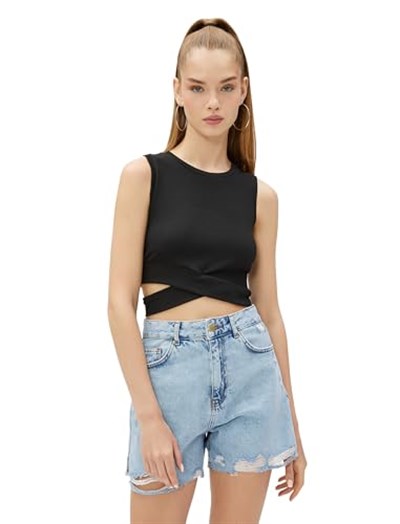 Koton Crop Fitilli Atlet Bisiklet Yaka Bel Detaylı Atlet Kadın