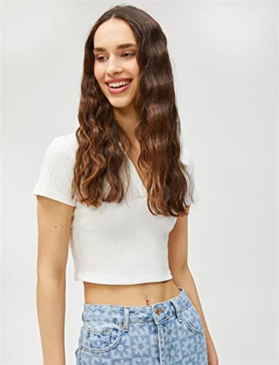 Koton Crop Tişört Polo Yaka Kısa Kollu Dokulu Tişört Kadın