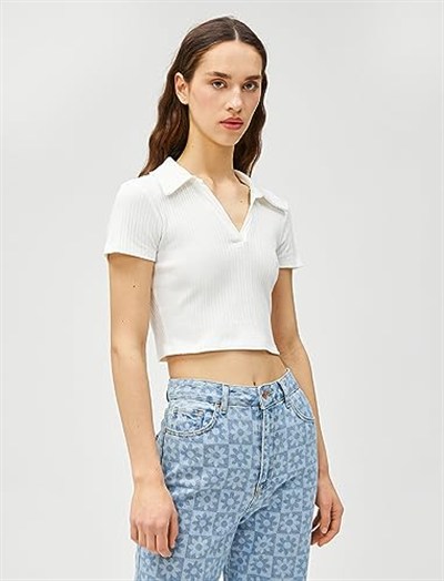 Koton Crop Tişört Polo Yaka Kısa Kollu Dokulu Tişört Kadın