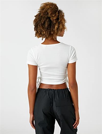 Koton Crop Tişört Uzak Doğu Baskılı Kısa Kollu Bağlama Detaylı T-Shirt Kadın
