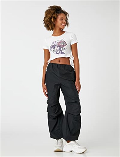 Koton Crop Tişört Uzak Doğu Baskılı Kısa Kollu Bağlama Detaylı T-Shirt Kadın