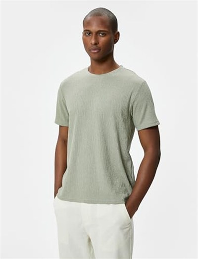 Koton Slim Fit Tişört Bisiklet Yaka Kısa Kollu Dokulu Tişört Erkek