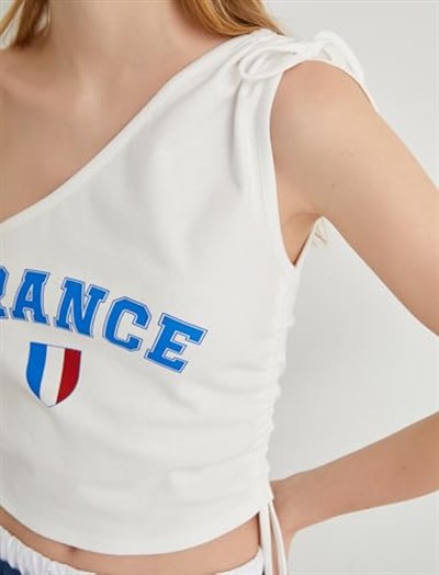 Koton Tek Omuz Üst France Baskılı Fiyonk Detaylı Büzgülü Slim Fit