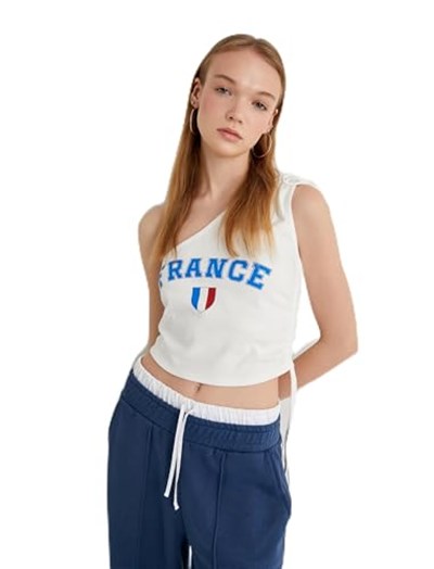 Koton Tek Omuz Üst France Baskılı Fiyonk Detaylı Büzgülü Slim Fit