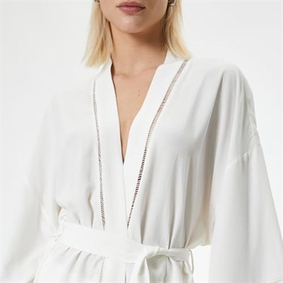 Koton Uzun Oversize Kimono Keten Karışımlı Kemer Detaylı Floral Desen Detaylı