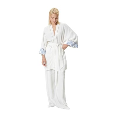 Koton Uzun Oversize Kimono Keten Karışımlı Kemer Detaylı Floral Desen Detaylı
