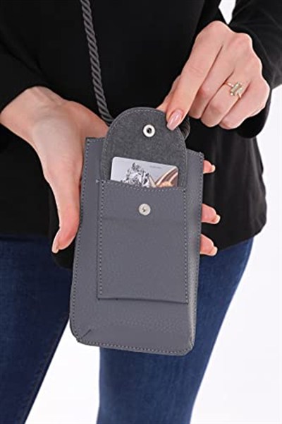 Koyu Gri Renk Omuz Çantası/Cep Telefonu Çantası/Kartlık