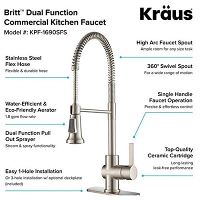 Kraus KPF-1690SFS Britt Ön Durulama/Ticari Mutfak Bataryası Çift İşlevli Püskürtme Başlığı, Tamamen Brite Yüzeyli, Noktasız Paslanmaz Çelik