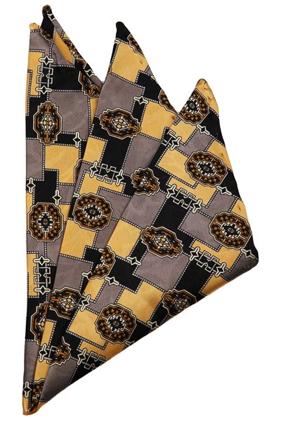 Kravatkolik Sarı - Siyah Motif Baskılı İpek Mendil SPS321