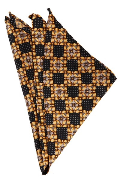 Kravatkolik Siyah - Sarı Motif Baskılı İpek Mendil SPS114
