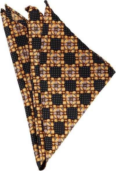 Kravatkolik Siyah - Sarı Motif Baskılı İpek Mendil SPS114