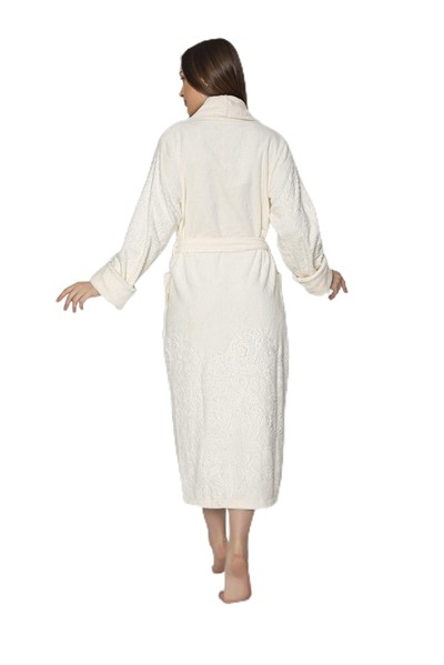 Krem Eteği Kolu Jakarlı Bambo Cotton Bayan Bornozu Krem L/XL