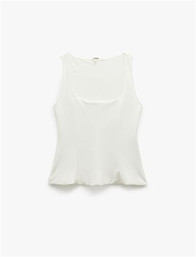 Krep Scuba Kumaş Kare Yaka Kolsuz Peplum Bluz