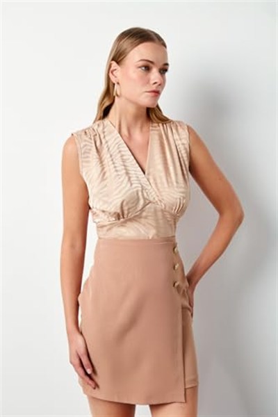Kruvaze Desenli Saten Bluz - Camel
