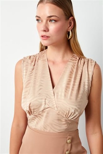 Kruvaze Desenli Saten Bluz - Camel
